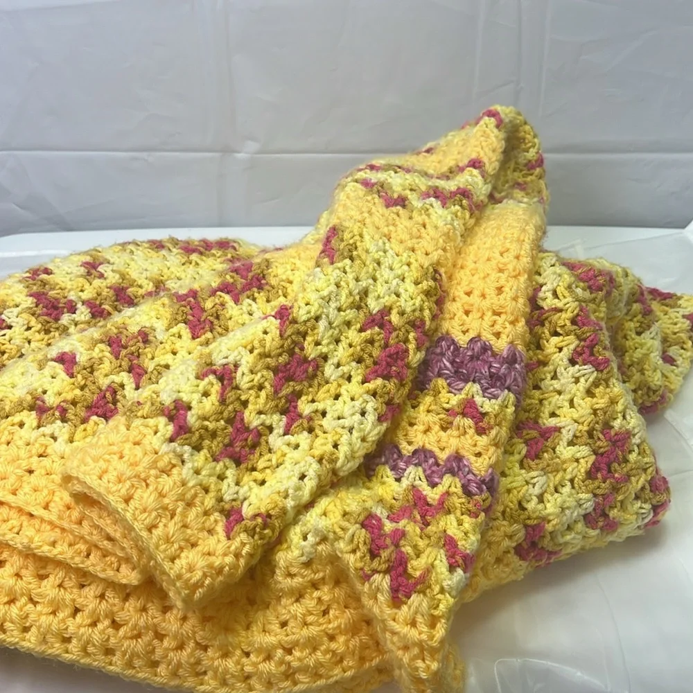 82” x 45” Hand Knit Throw Blanket Soft Yellow Purple